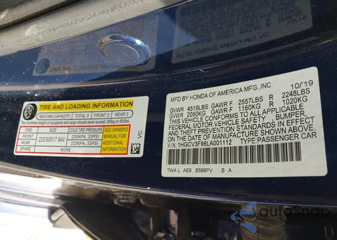 2020 Honda Accord Hybrid Touring z USA, uszkodzony, nr VIN 1HGCV3F96LA001112